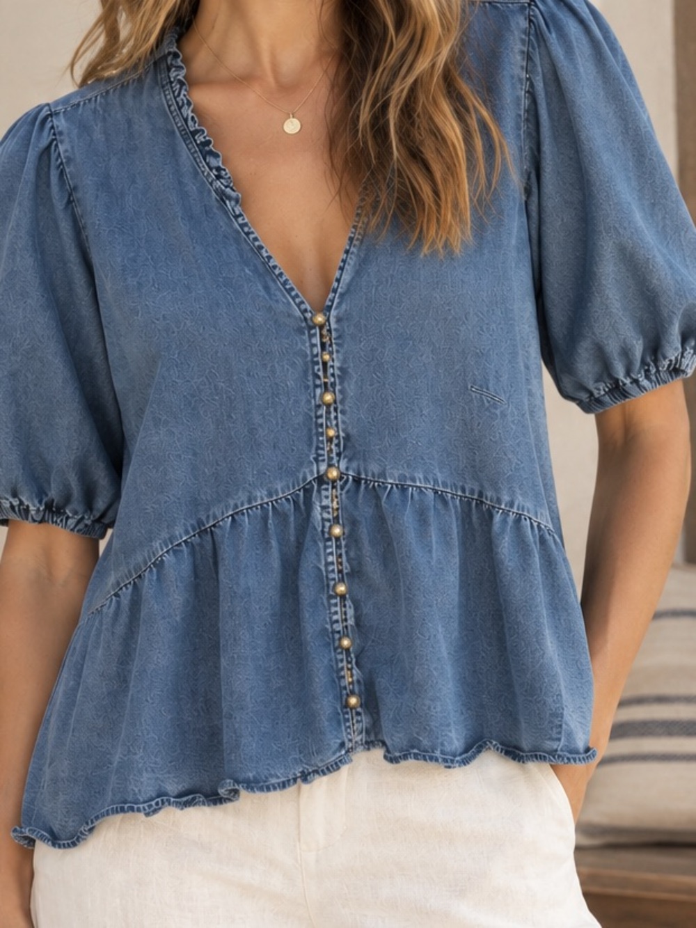 Frye Chambray Denim Look Blouse XL 100% Lyocell V-Neck